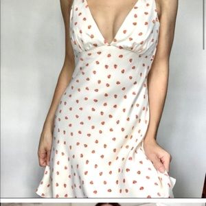Zara Strawberry Print Satin Deep V-Neck Sleeveless Mini Dress Ecru Size Large